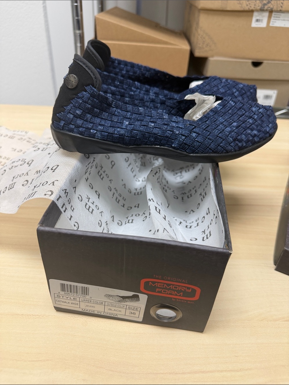 bernie mev. Navy Woven Stretch Slip-On Flats catwalk wide
